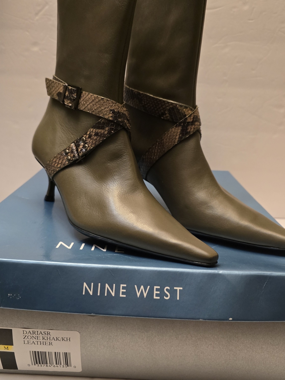 Nine West Khaki Pointed Toe Knee-High Boots with Snake-Print Strap